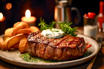 Close-up of large beef steak and baked potatoes, soft candlelight