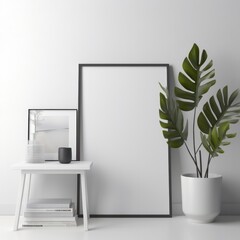 vase beside an empty white frame for a picture background  in white and grey colour mockup interior design generative ai 