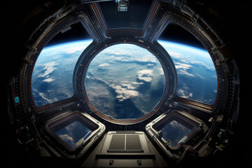 View of globe from cabin of space station - obrazy, fototapety, plakaty