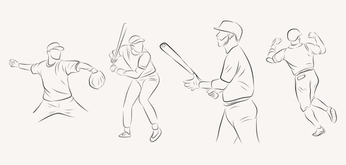 Fototapeta na wymiar Man playing Baseball line art set illustration