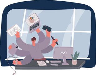 Cartoon vector illustration of Businessman with multi tasking skills.