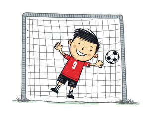 Soccer goalkeeper keeping goal vector illustration, cartoon kids hand-drawn style. children playing soccer
