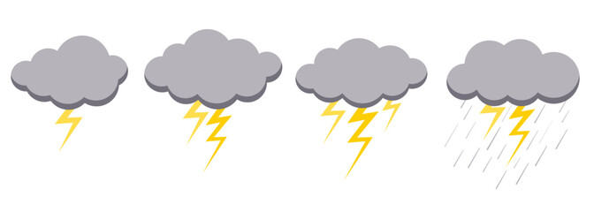 Clouds rain thunderstorm bad weather icon set isolated on white background. Illustration of rain, shower, lightning thunder and thunderstorm stage. Rainy cloud vector collection in flat style.