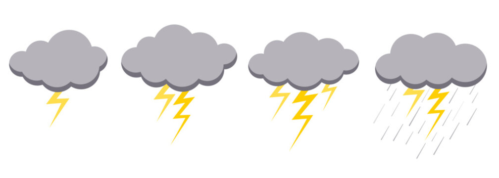 Clouds rain thunderstorm bad weather icon set isolated on white background. Illustration of rain, shower, lightning thunder and thunderstorm stage. Rainy cloud vector collection in flat style.