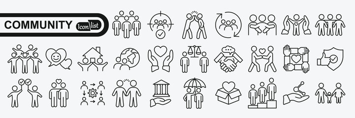 Community icon set. Containing people, friendship, social, diversity, village, relationships, support and community development icons. Solid icon collection - obrazy, fototapety, plakaty