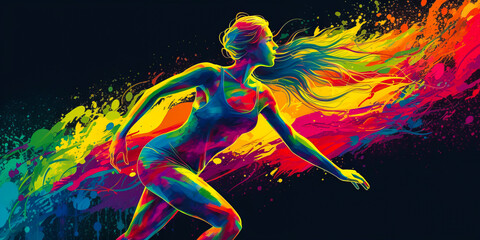 Fototapeta na wymiar Feminine silhouette in motion with vivid colors and fluid shapes evoke speed, energy, perfect for marketing creative sports or fitness brands, highlighting power. Generative AI
