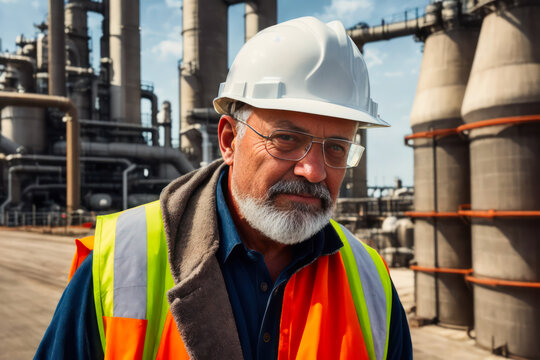 Digital portrait of a senior successful confident professional Petrochemical engineer standing in a Gas storage. Concept of active age. Generative AI