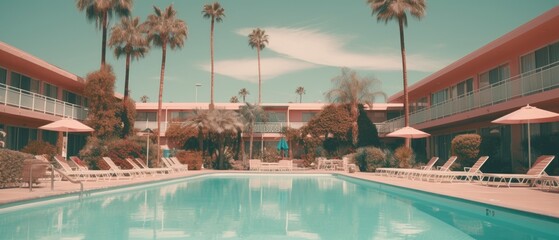 Fototapeta premium Palm trees and vintage hotel pool. Generative AI