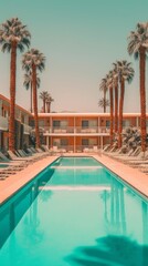 Fototapeta na wymiar Palm trees and vintage hotel pool. Generative AI