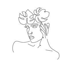 Woman Face with Leaves Line Vector Drawing. Style Template with Female Face with Leaves. Modern Minimalist Simple Linear Style. Beauty Fashion Design 