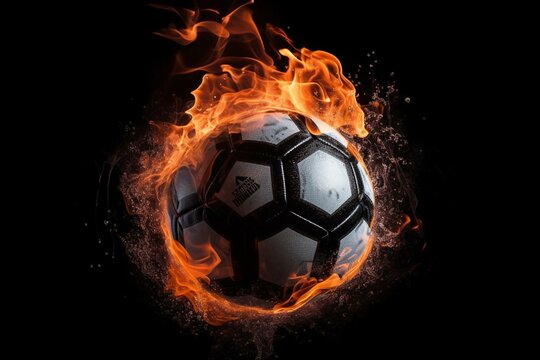 Soccer ball surrounded by fire, water on black background. High-res image for soccer poster. Generative AI