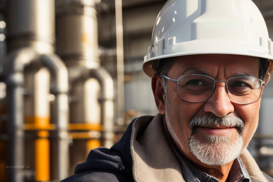 Digital portrait of a senior successful confident professional Petrochemical engineer standing in a Gas storage. Concept of active age. Generative AI
