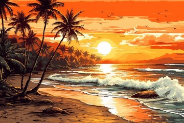 drawing of a beach with the sea and palm trees at sunset. Generated by AI.