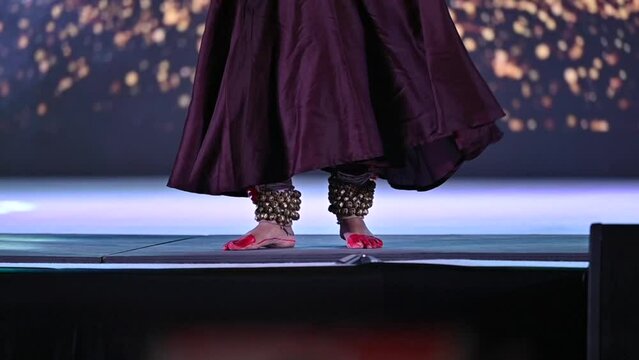 Close-up shot of feet with ghungroo kathak, or musical anklet dancing concept of Indian culture