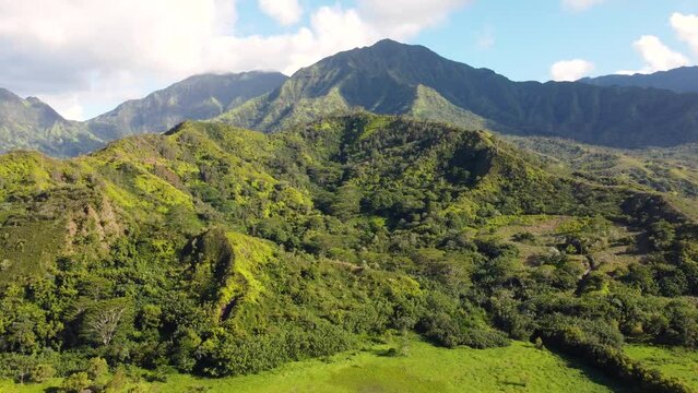 Breathtaking Aerial panoramic shot of Hanalei Valley and green mountains in Kauai, Hawaii.