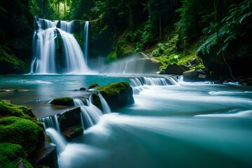waterfall in the forest wallpaper background generated by AI