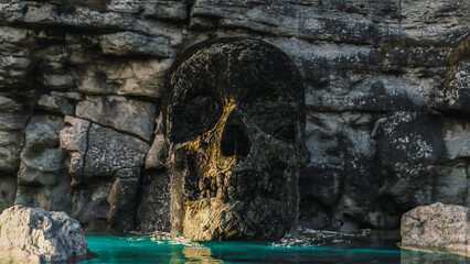 a waterfall in a stone skull. a skull in a mountain with a waterfall. a pirate environment.