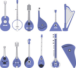 A set of various stringed musical instruments from different regions of the world.