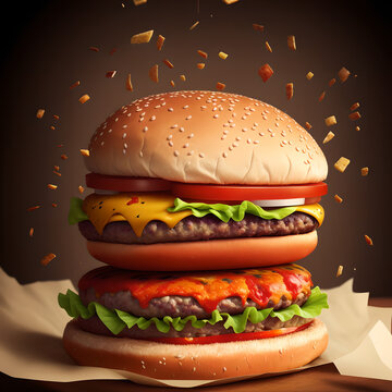 Delicious burger. Generative AI illustration.