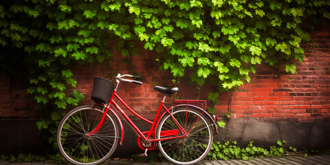 Fototapeta premium Enchanting scene: red bike against ivy-clad brick wall, signifies relaxing joys and well-being. Perfect for eco-transport and lifestyle product promotions. Generative AI