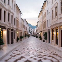 Fototapeta na wymiar Nice, cozy European street, lit by lanterns. Generative AI.