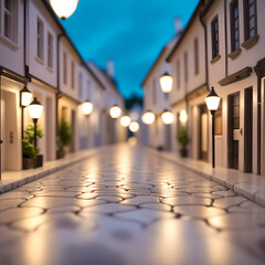 Nice, cozy European street, lit by lanterns. Generative AI.