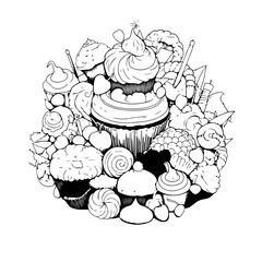 dessert colouring pages for adults. Food tasty vector illustration