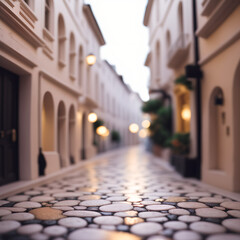 Fototapeta na wymiar Nice, cozy European street, lit by lanterns. Generative AI.