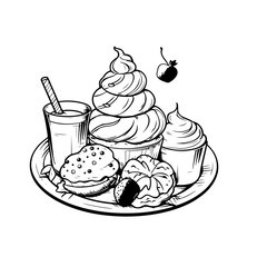 dessert colouring pages for adults. Food tasty vector illustration