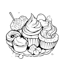 dessert colouring pages for adults. Food tasty vector illustration