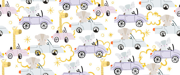 funny cartoon animals drive the car. Cute childhood illustration. Seamless pattern for wrapping paper. Endless design for nursery