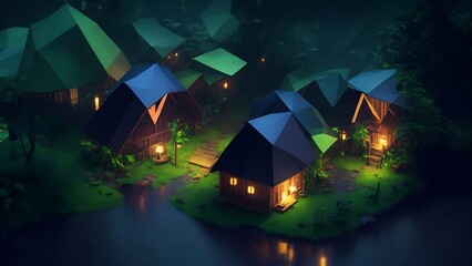 Village in the forest at night. 3D low poly landscape