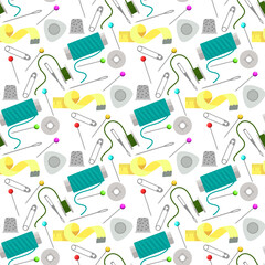 Seamless pattern using sewing thread on a white background. Reels with threads, measuring tape, needles, bobbins in retro style. Scattered on the surface. Suitable for work in sewing workshops
