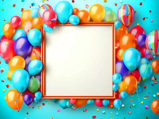 Birthday theme frame with colorful balloons and confetti - ai generative