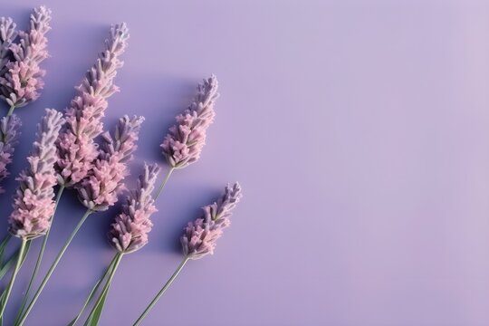 a few lavender on the corner of the purple background. Created with Generative AI technology