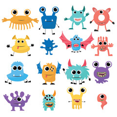 Fototapeta premium Funny cartoon monsters set. Vector illustration for Halloween decoration or package design