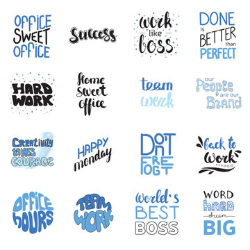 Collection Of Handwriting Office Text. Job And Great Job Stickers. Phrase About Work, Teamwork, Office. Vector Illustration.