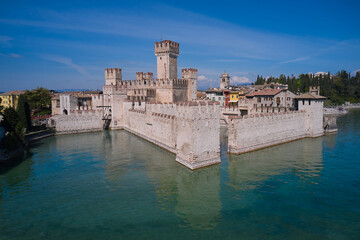 Scaliger Castle in Sirmione on Lake Garda aerial view.