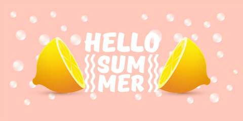 Vector Hello Summer Beach Party horizontal banner Design template with fresh lemon isolated on pink background. Hello summer concept label, flyer and poster with lemon fruit and typographic text.