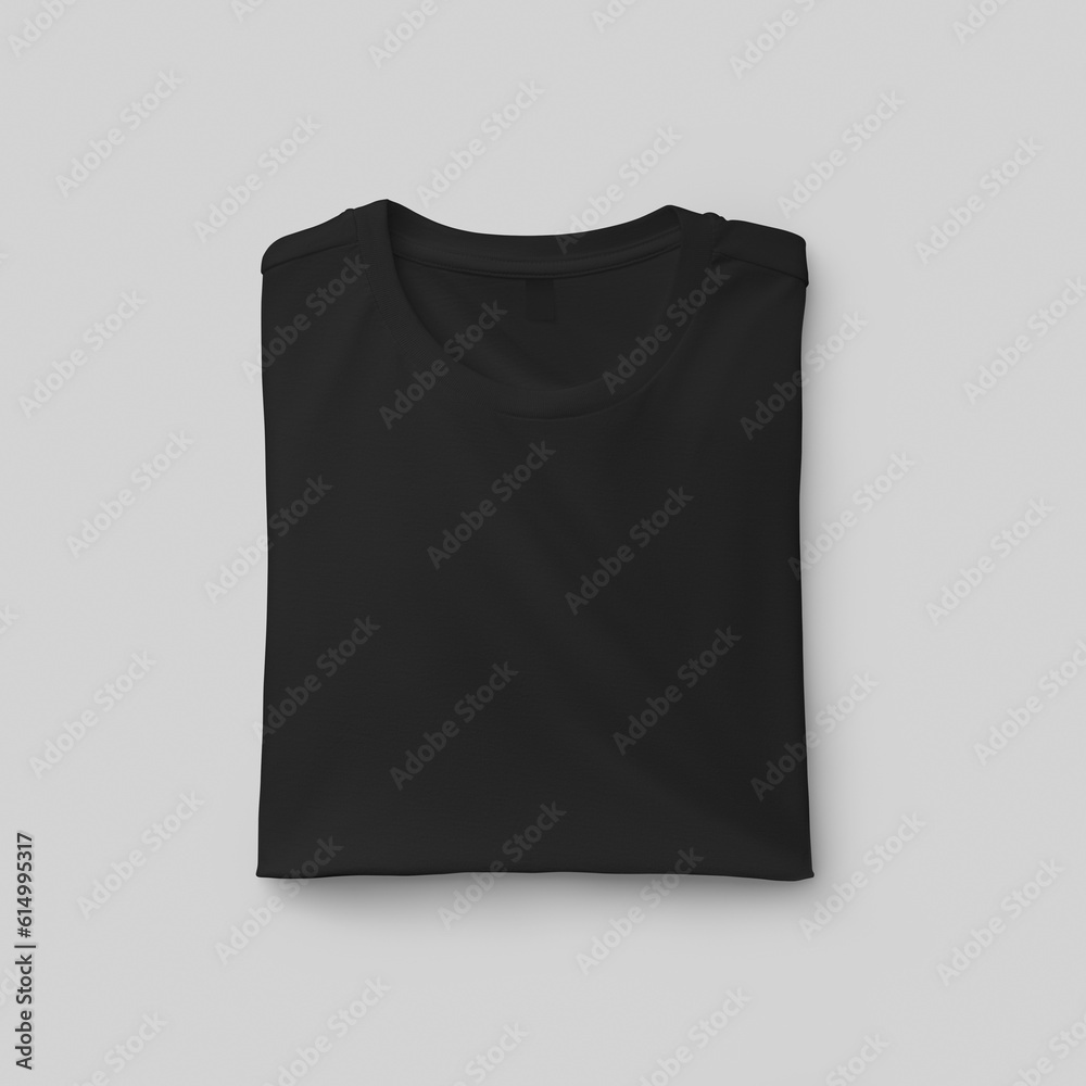 Poster Template of a folded men's black t-shirt with a label, close-up front view, fashion clothes, for design, print.