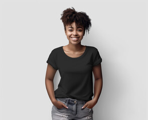 Black t-shirt mockup on African American woman with curly hair, hands in jeans pockets, blank shirt for design, front view.