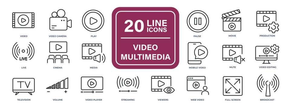 Video multimedia line icons. Editable stroke. For website marketing design, logo, app, template, ui, etc. Vector illustration.