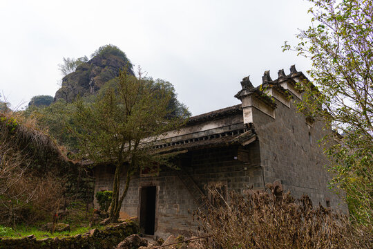 A farm and buildings of Huiyuan temple in Wuyishan China