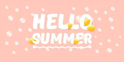 Vector Hello Summer Beach Party horizontal banner Design template with fresh lemon isolated on pink background. Hello summer concept label, flyer and poster with lemon fruit and typographic text.