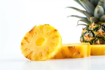 Fototapeta na wymiar Pineapple in white background. Pineapple slices. Slice of pineapple on white background. pineapple close-up shot.