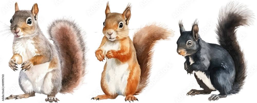 Wall mural Watercolour illustration of three squirrels isolated on white background as transparent PNG, generative AI animal clipart bundle - Wall murals