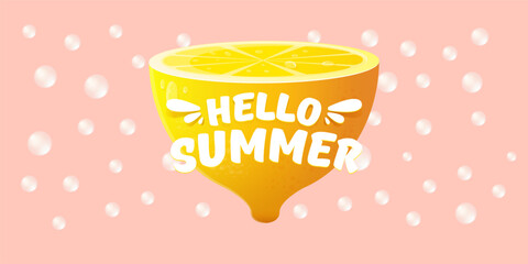 Vector Hello Summer Beach Party horizontal banner Design template with fresh lemon isolated on pink background. Hello summer concept label, flyer and poster with lemon fruit and typographic text.