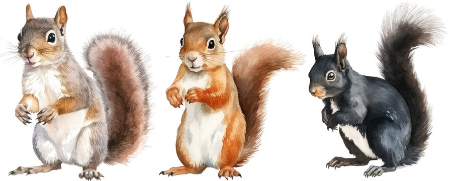 Watercolour illustration of three squirrels isolated on white background as transparent PNG, generative AI animal clipart bundle