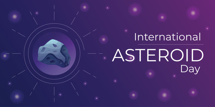 International World June holiday Asteroid Day. Vector cartoon space banner with meteorites and stars.