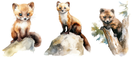 Watercolour Illustration Three Martens Isolated